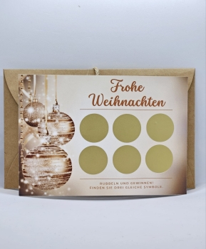 Weihnachts-Rubbelkarte mit 6 Feldern und edlem weihnachtlichen Design, gezeigt mit goldenen Rubbelstickern. Perfekt für persönliche Botschaften.